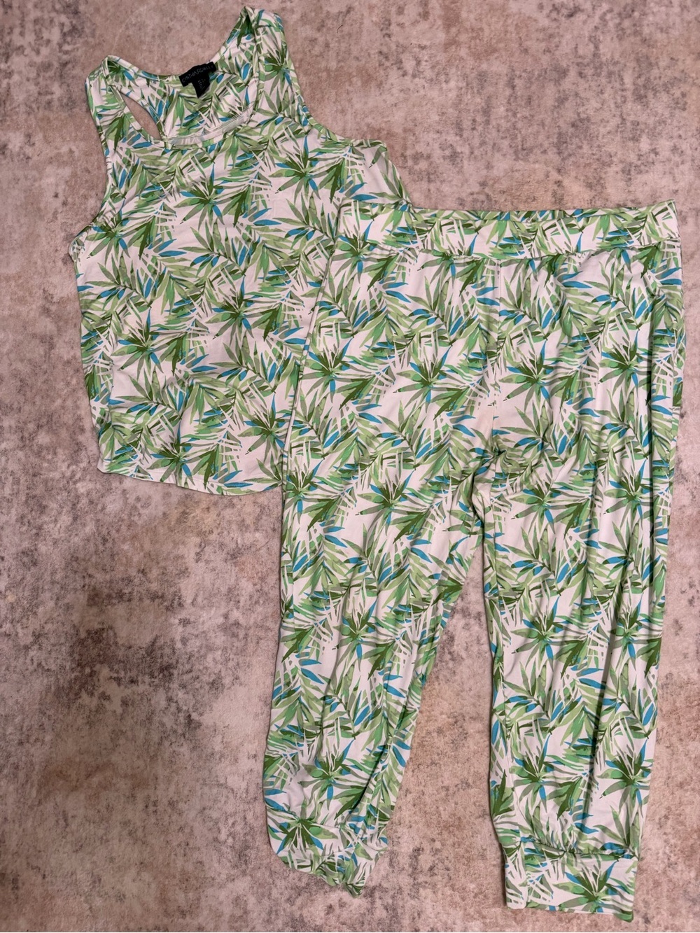 Cynthia Rowley Green Tropical Leaf Print Track Pants & Tank Set
